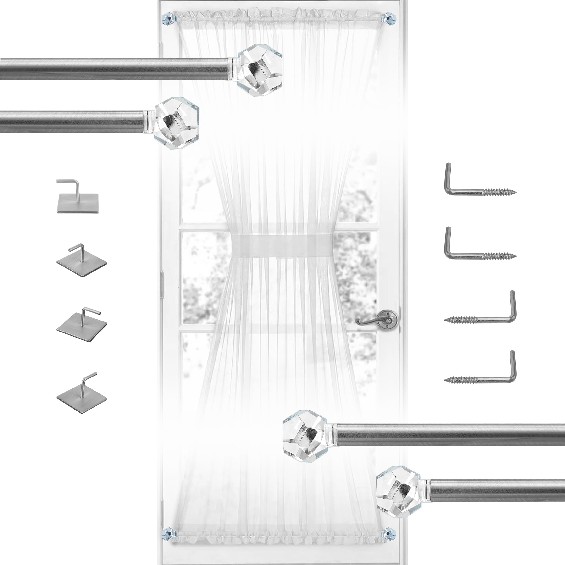 Cafe Curtain Rods with Clear Faceted Ball Finial for French Door, Set of 2, 3/8" Diameter,16 to 28 Inch Adjustable, Satin Nickel