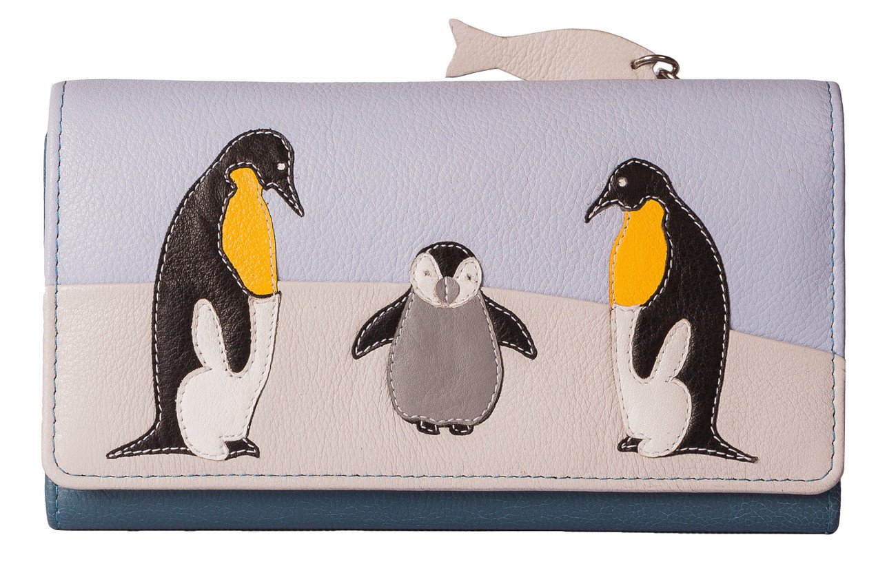 Mala Leather Penguin Trifold Purse – Premium Leather RFID Wallet for Women – Blue Multi – 15 Card Slots, Gift Dustbag – 17 x 9.5 x 2.5 cm