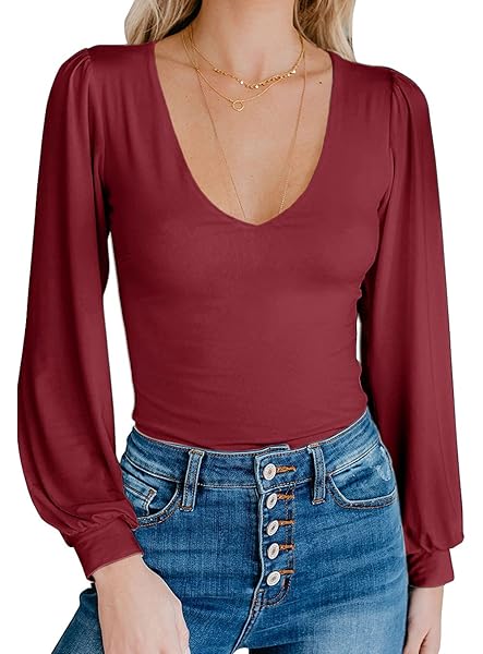 SPADEHILL WOMENS FALL FASHION BASIC DAILY TOPS V NECK GOING OUT SLIM FIT LONG SLEEVE BODYSUIT MAROON M