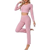 cheibear Womens Slim Fit Lounge Set Cropped Top Lettuce Trim Edge Flounce Long Sleeve Long Pants 2 Piece Pajama Set