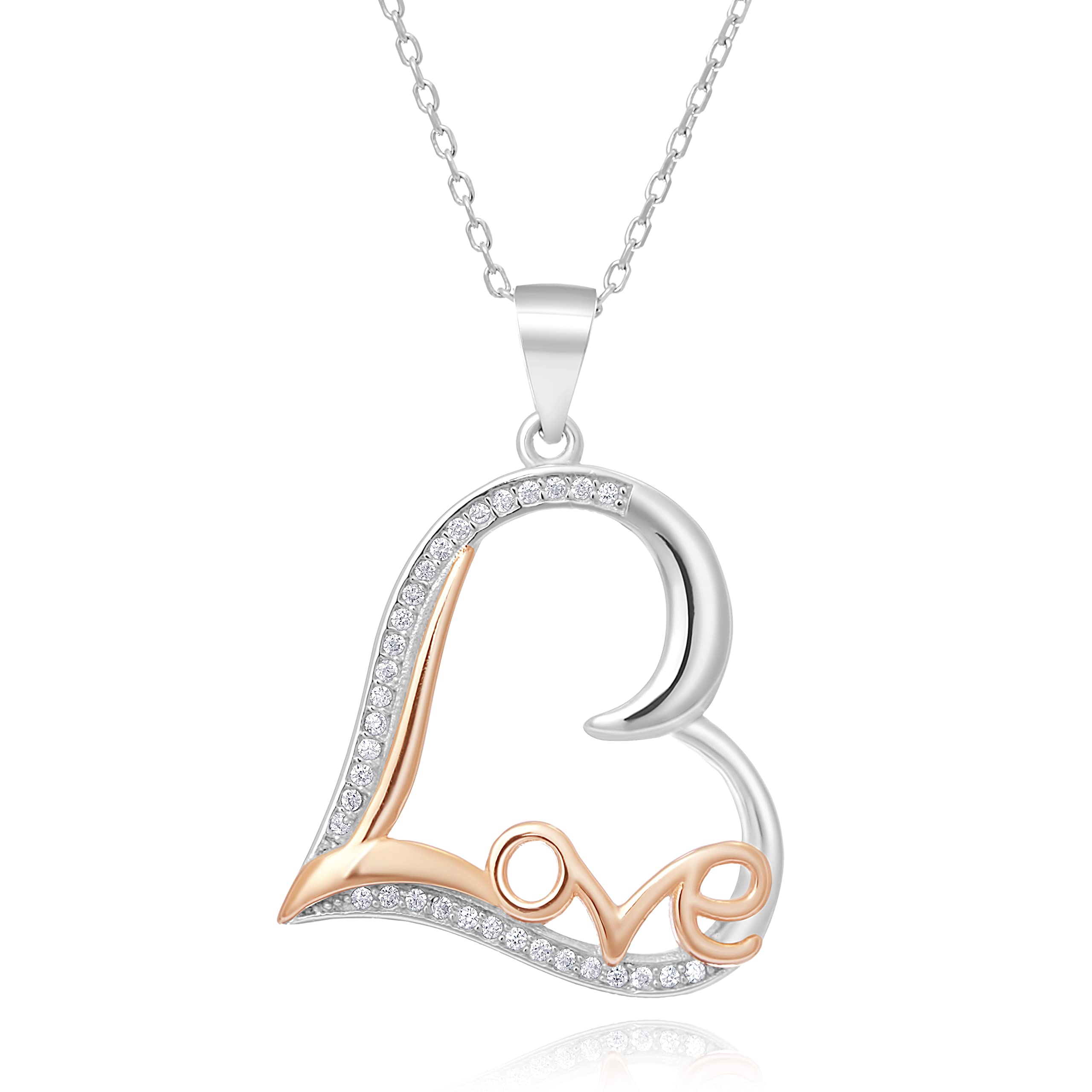Women’s 925 Sterling Silver Heart with Rose Gold Plated “LOVE” Messina Pendant, a Great Gift or Present for Ladies
