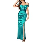 Miusol Women's Sexy Off Shoulder Satin High Split Ruched Style Evening Party Maxi Dress