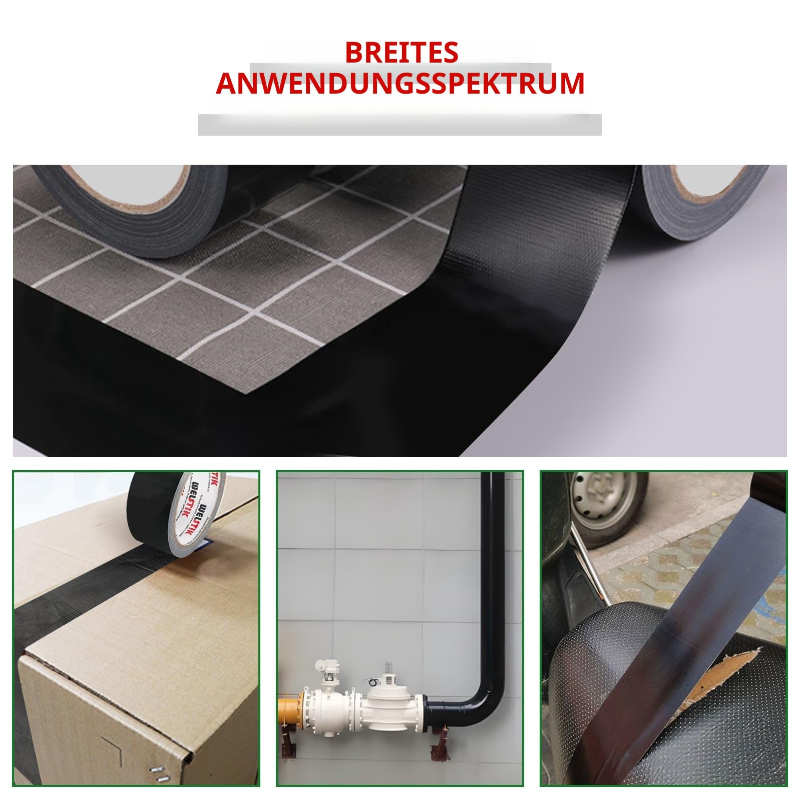 WELSTIK Professionelles Klebeband, 48 mm x 27 m, wasserdicht, für Reparaturen, Heimwerker, Handwerk, Innen- und Außenbereich, panzertape Schwarz, 3 Stück 5