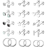 Cristina 15 Pairs Surgical Steel Earrings for Women Men Hypoallergenic Flat Back Earring Small Tiny Opal Ball Star CZ 20G Stud Hoop Earring Sets Flower Screw Back Cartilage Earring