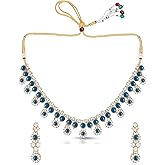 IIJ American/AD Two-Layered | Sparkling Square-Shaped Rhinestone Crystal Design Necklace | Dangle Earrings and Maang Tikka for Wedding Jewellery Set for Women