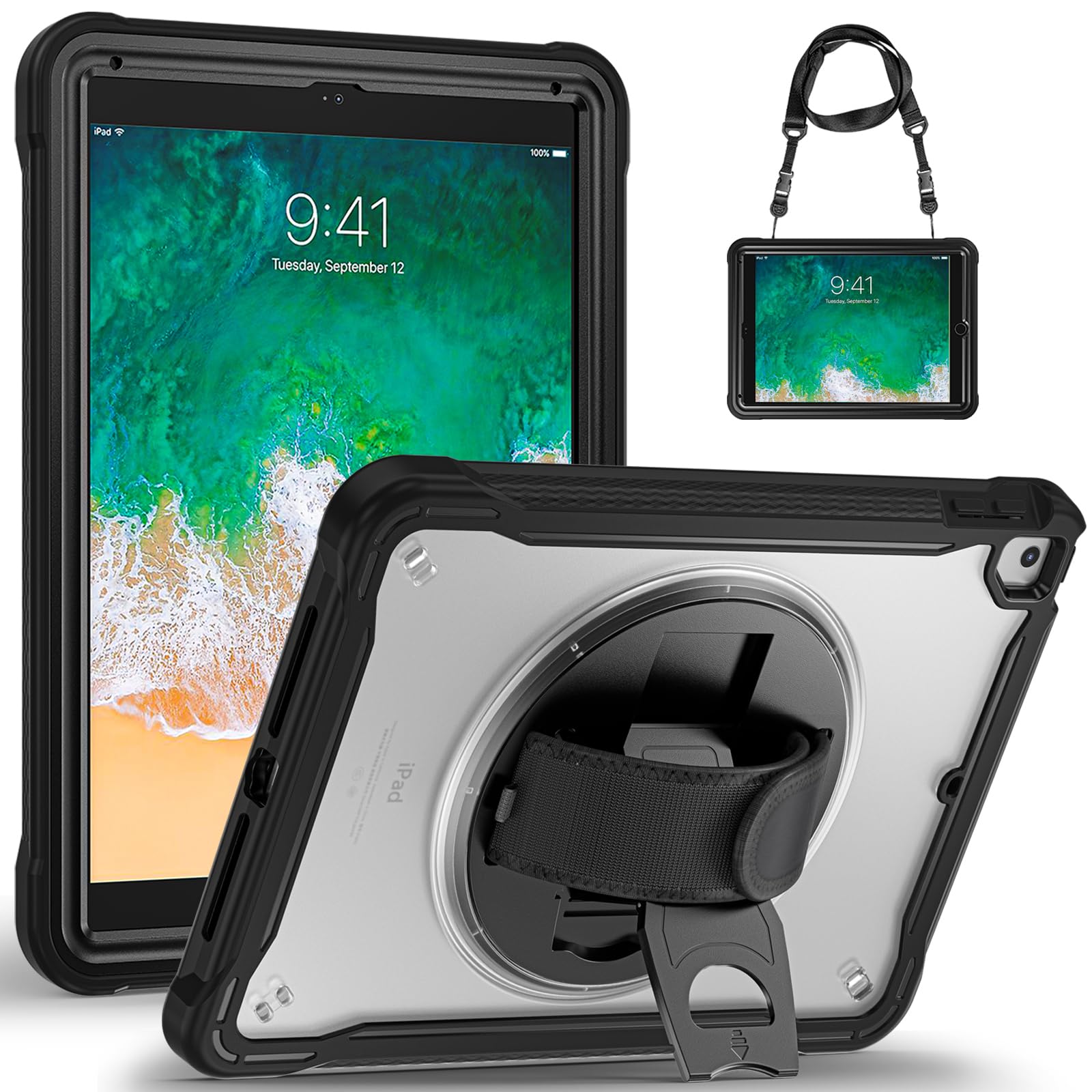 Gerutek for iPad 6th/5th Generation Case, iPad Air 2 Shockproof, iPad Pro 9.7 Case Rugged with [Clear Back Shell][360 Rotating Stand/Hand Strap] for iPad Air2/Pro 9.7/6th/5th Gen,Black/Clear — image 1