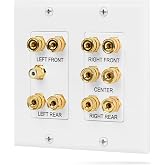 Fosmon 2-Gang 5.1 Surround Distribution Home Theater Wall Plate, White | Gold Plated Copper Banana Binding Post Coupler Outlet Faceplate for Speakers and RCA Jack Subwoofer Wire Connections