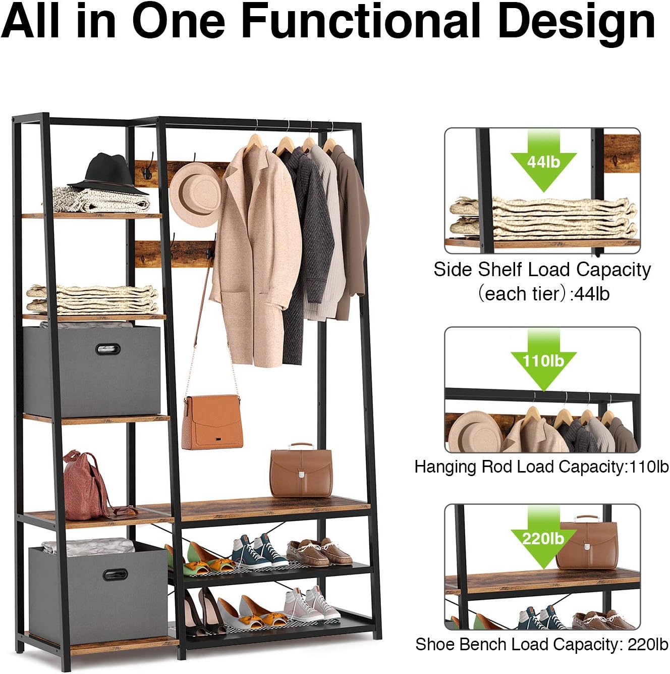 Rolanstar Hall Tree with Side Storage Shelves, Entryway Hall Tree with Shoe Bench and Coat Racks and 2 Foldable Cube Storage Bins,for Entryway, Bedroom, Sturdy and Easy Assembly: Home Improvement