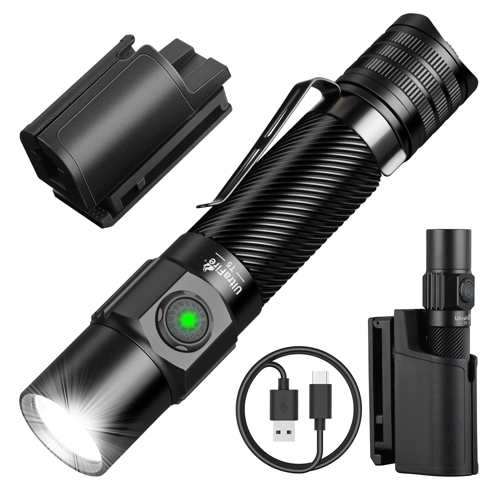 ULTRAFIRE T5 Tactical Torch with Holster, 1800 High Lumen Rechargeable LED Torch with Duty Belt Holder, Police Flashlight with Dual Switch for Law Enforcement, Security, Patrols