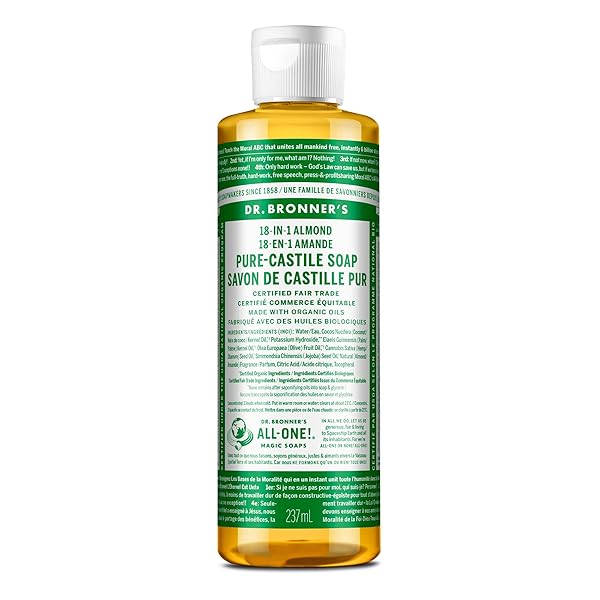 DR. BRONNER’S – PURE-CASTILE LIQUID SOAP (ALMOND, 8 OUNCE) – MADE WITH ORGANIC OILS, 18-IN-1 USES: FACE, BODY, HAIR, LAUNDRY, PETS AND DISHES, CONCENTRATED, VEGAN, NON-GMO