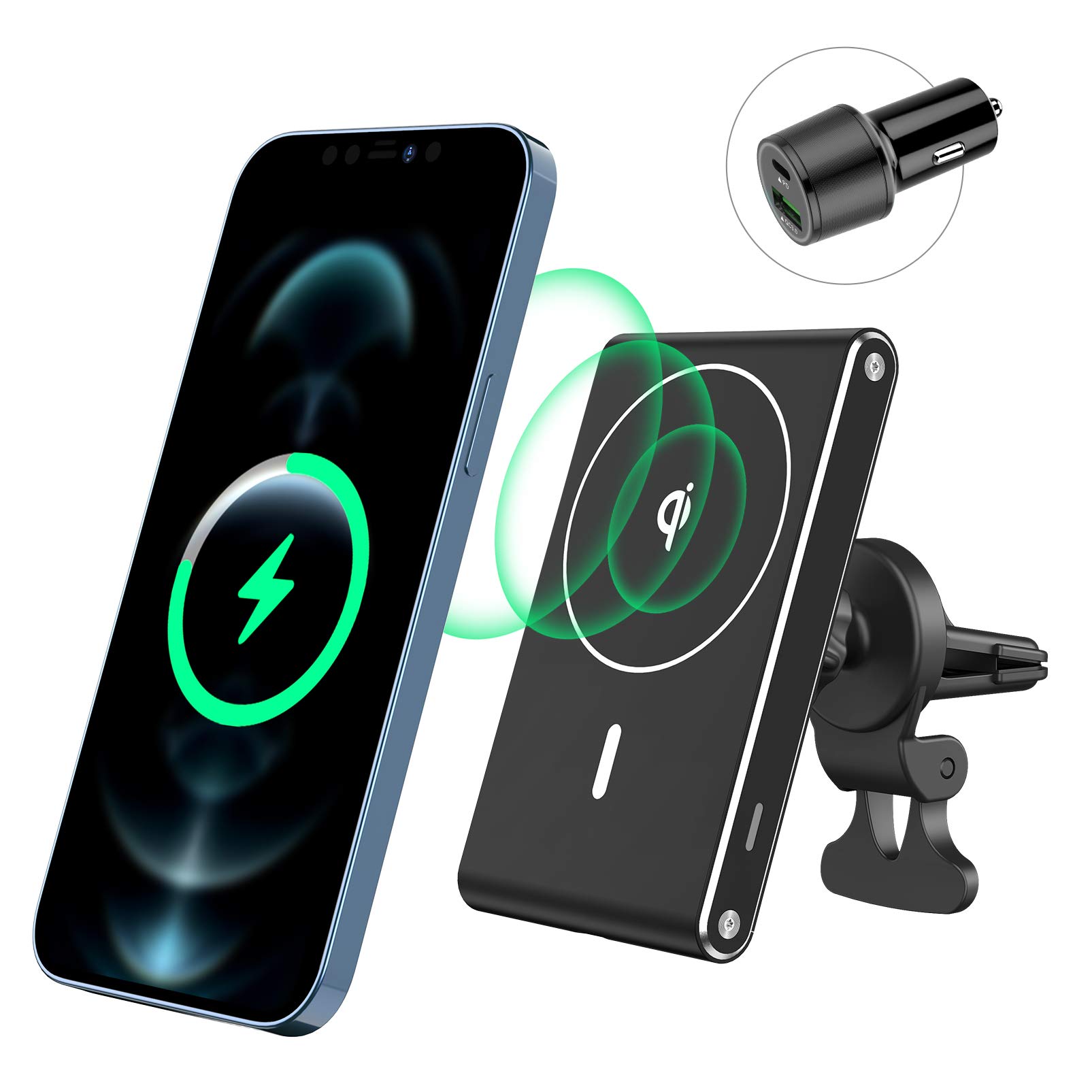 Magnetic Wireless Car Charger,Hohosb Mag-Safe Wireless Car Charger [Magnetic Attachment and Alignment], Compatible with iPhone 12/12 Pro/12 mini/12 Pro Max Air Vent Car Mount With QC3.0/PD Adapter