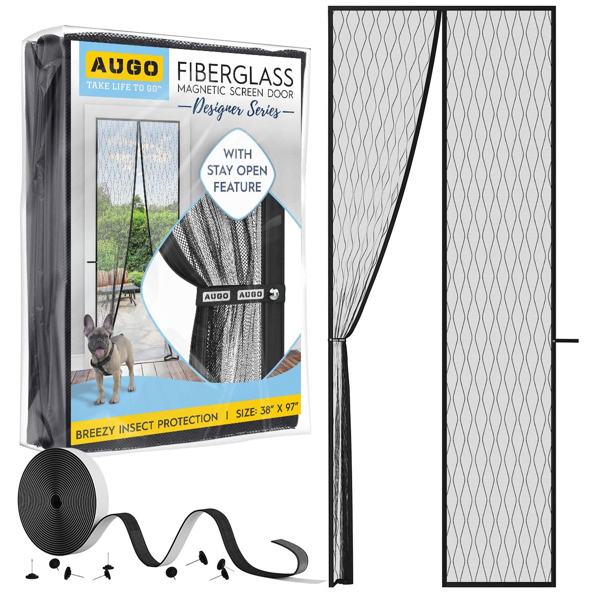 AUGO Designed Fiberglass Magnetic Fly Screen Door - Self Sealing, Heavy Duty, Hands Free Mesh Net Partition Keeps Bugs Out - Pet and Kid Friendly - Patent Pending Keep Open Feature - 97 x 247cm