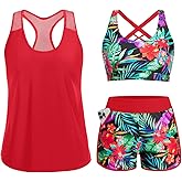 Women 3 Piece Tankini Swimsuit - Mesh Racerback Tank Top with Sports Bra and Pocketed Boyshorts Athletic Bathing Suits