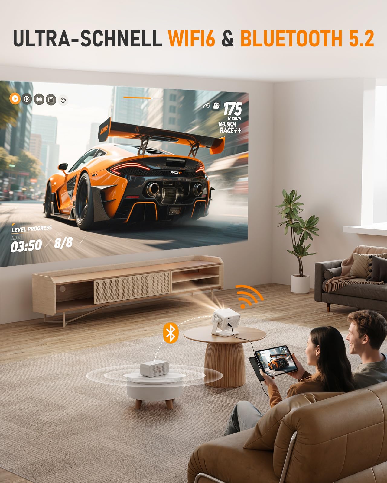 Smart Mini Beamer[Netflix Offiziell ＆ Autofokus / 6D Trapezkorrektur ] 27000L WiFi6 Bluetooth Beamer Klein Full HD 1080P, VISSPL Unterstützt 4K Video Projector,Handy Projektor für Heimkino/Outdoor 7