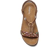 Littleplum Women Sandals Arch Support Handmade Bohemian Braided Flat Sandals Comfort Walking Beach Ankle Elastic Summer Shoes