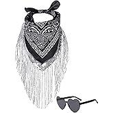 JIANGLAI Fringe Rhinestone Bandana with Heart Sunglasses, Disco Cowgirl Bachelorette