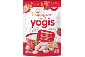 HAPPYFAMILY Happy Baby Organics Baby Snacks, Yogis, Freeze Dried Yogurt & Fruit Snacks, Gluten Free Snack for Babies 9+ Months, Strawberry, 1 Ounce