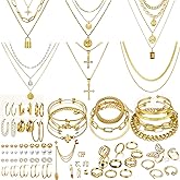 73 Pcs Gold Jewelry Set with 6Pcs Layered Necklace, 11 Pcs anklet and 7Pcs Earring Ear Cuff,12Hoop Earrings ,15pcs Rings,21pcs stud earrings Jewerly set for Women Pack for Friendship Party Gift