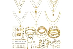 CONGYING 73 Pcs Gold Jewelry Set with 6Pcs Layered Necklace, 11 Pcs anklet and 7Pcs Earring Ear Cuff,12Hoop Earrings ,15pcs Rings,21pcs stud earrings Jewerly set for Women Pack for Friendship Party Gift