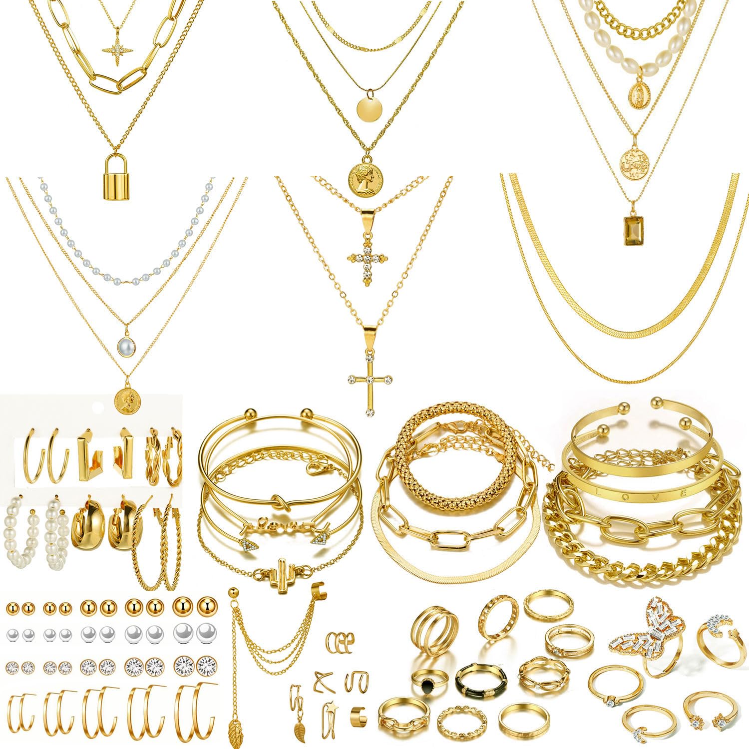 CONGYING 73 Pcs Gold Jewelry Set with 6Pcs Layered Necklace, 11 Pcs anklet and 7Pcs Earring Ear Cuff,12Hoop Earrings ,15pcs Rings,21pcs stud earrings Jewerly set for Women Pack for Friendship Party Gift