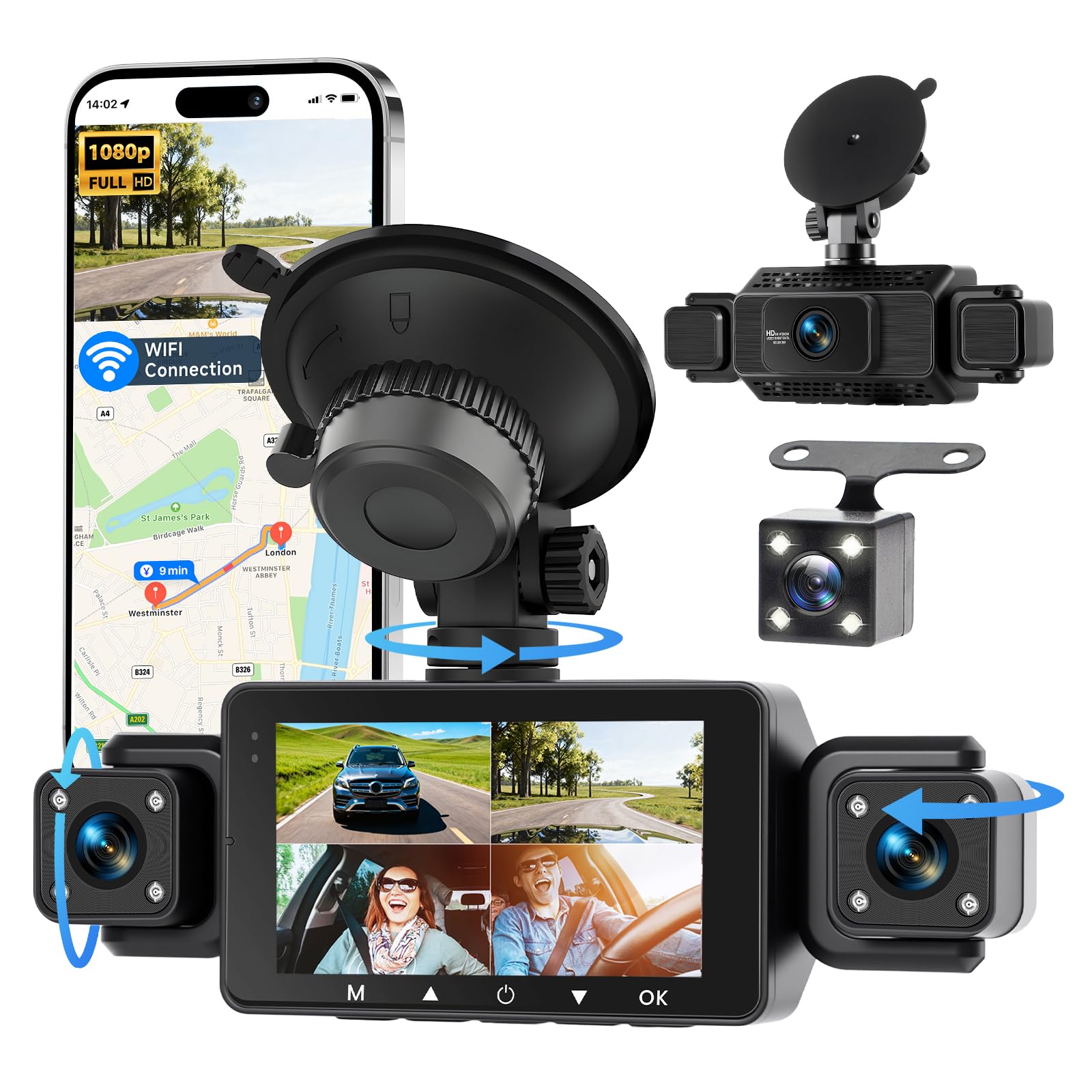 Photo 1 of 4 Channel Dash Cam 360° View Front and Inside Rear, 3 Inch 1080P Full HD Dash Camera for Car with 5G WiFi & App, Night Vision, Parking Mode, G-Sensor, Loop Recording
