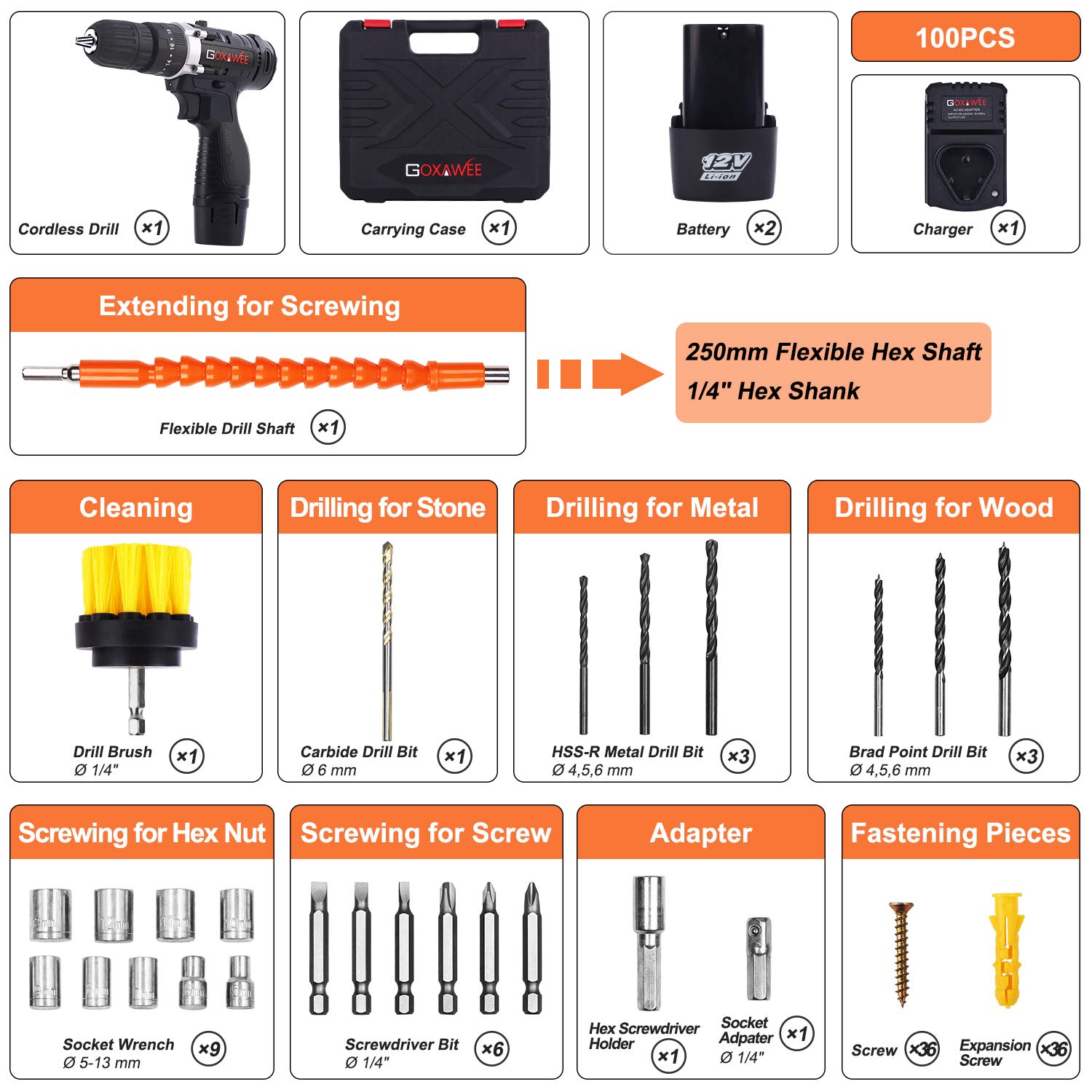 Cordless Drill with 2 Batteries - GOXAWEE 100pcs Accessories 12V Electric Power Drill Set with Hammer Function, 3/8\