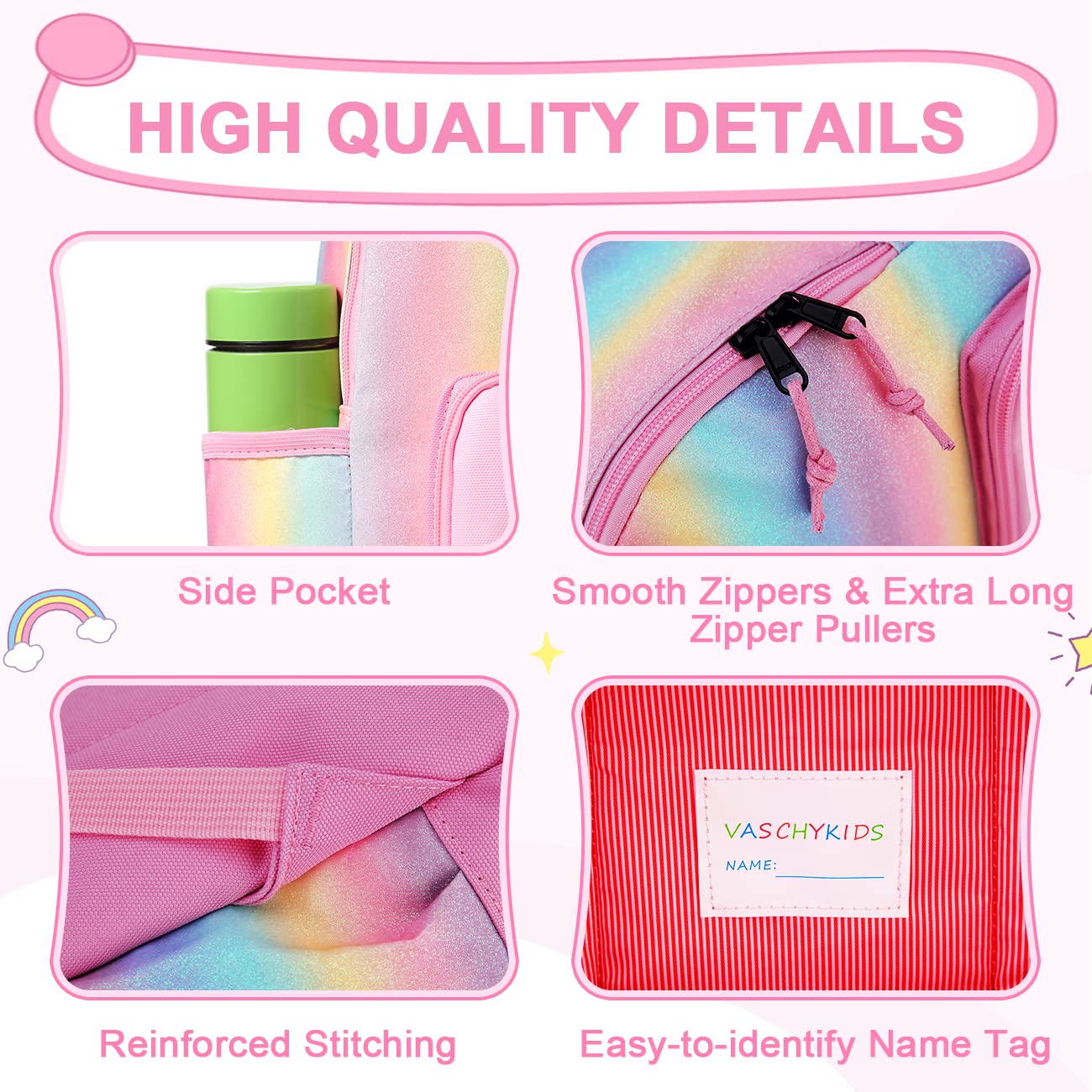 VASCHY Unicorn Backpack for Little Girls, Cute Rainbow Glitter