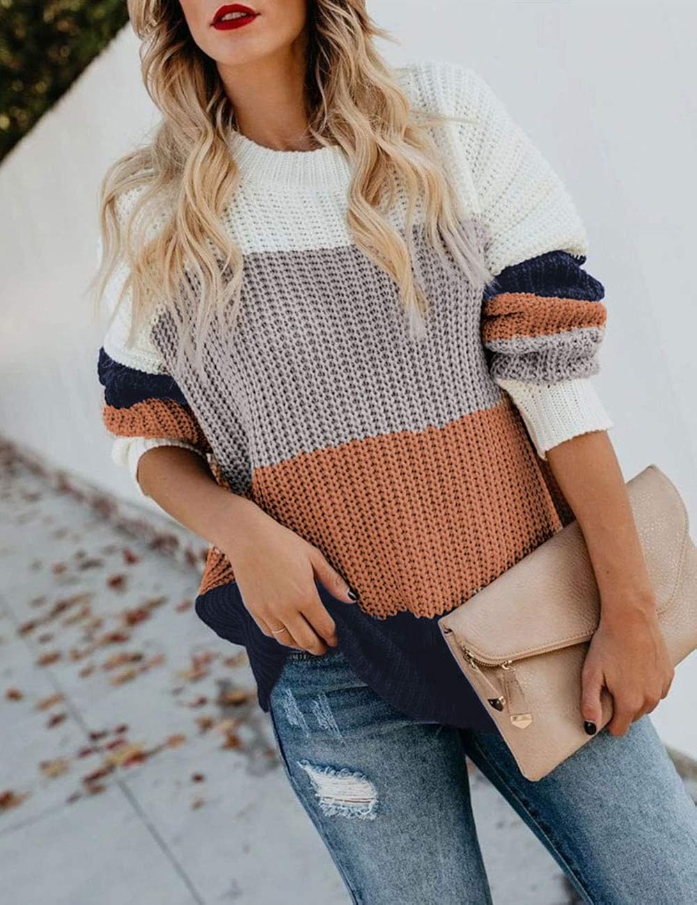 MEROKEETY Women's Crew Neck Long Sleeve Color Block Knit Sweater Casual Pullover Jumper Tops at  Women’s Clothing store