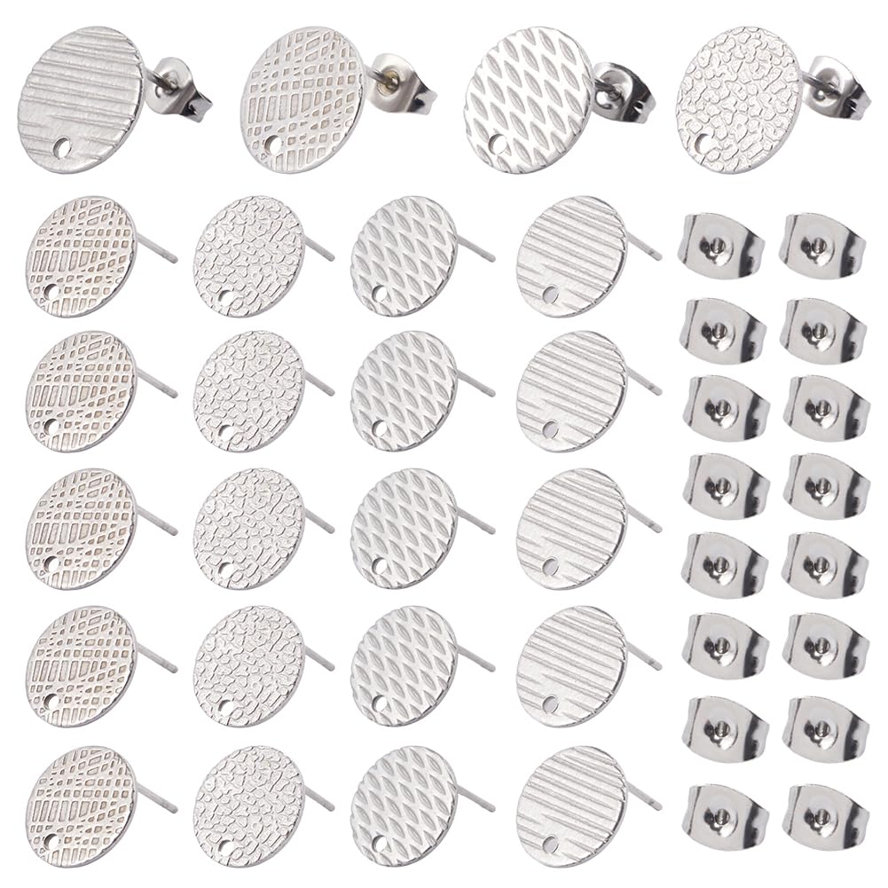 SOFPLATE 1 Box 40Pcs 4 Styles Flat Round Earring Posts Silver Stud Earring Findings with Loop Hypoallergenic with Ear Backs Stainless Steel Textured Blank Earring Studs for jewellery Making Supplies D