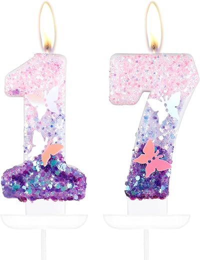 mciskin Butterfly Number 17 Candles Purple Pink Birthday Cake Topper 2 pcs