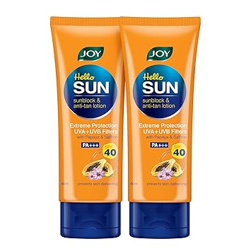 Joy Hello Sun Sunblock & Anti-Tan Lotion With Papaya Saffron Natural Ingredients, Sunscreen Lotion, SPF40,PA+++ For All Skin Type (Pack of 2 X 60ml)