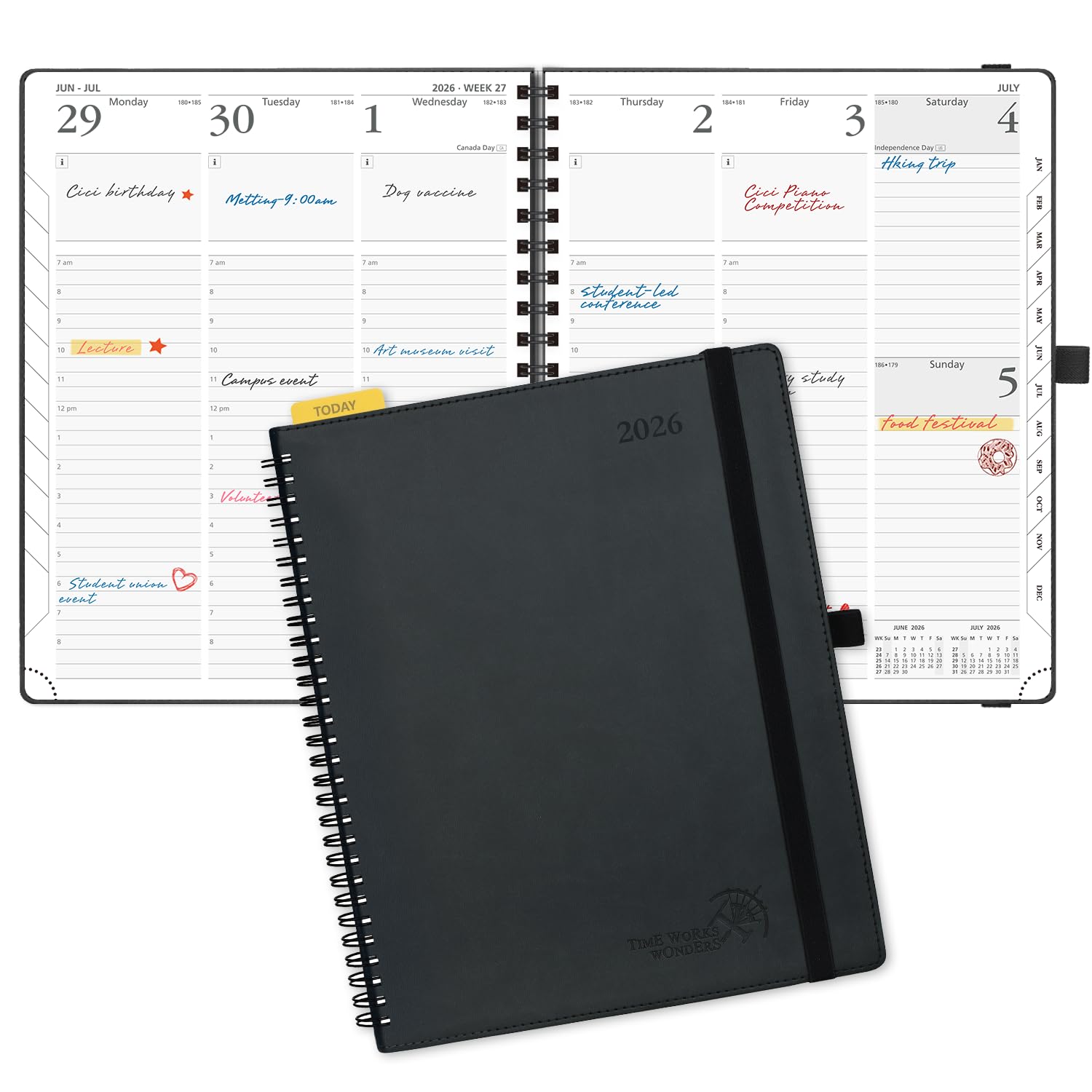 POPRUN 2026 Planner (Large - 8.5" x 10.5") with Hourly Schedule, Vertical Layout - 2026 Weekly Calendar (Jan. 2026 - Dec.2026) for Time Management, Monthly Tabs, Spiral Bound, Soft Cover - Black Image