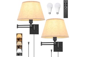 TRLIFE Wall Sconce Plug in, Remote Control Dimming 10-100% and Adjustable Color Temperature 2700K-6500K Swing Arm Wall Lights with Plug in Cord, 11.8" Large Beige Fabric Shade(2 Pack, 2 Bulbs)