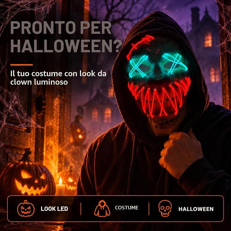 - Maschera da clown LED per Halloween, controllabile come per Purge, viso luminoso, per Halloween, carnevale e carnevale come costume per uomo e donna (scelta di colori) — foto 2 di 6