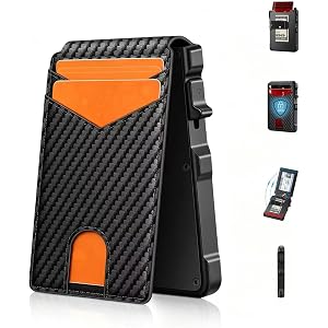 Baconix RFID Wallet for, Slim Pop Up Wallet with Money Clip (Carbon Fiber) | Minimalist Aluminum Card Holder with Leather Cov