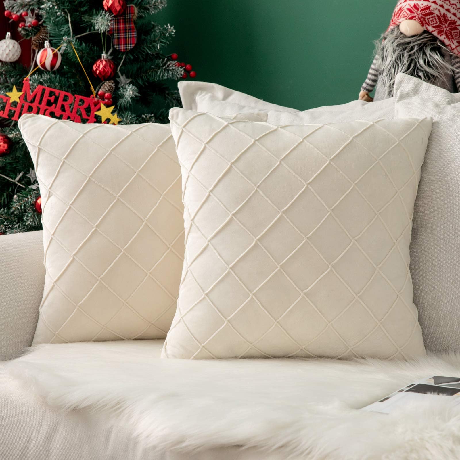 MIULEE Christmas Velvet Cushion Covers Home Decoration with Square Pattern Throw Pillow Covers Super Soft Modern Smooth Washable Pillowcase for Bedroom Sofa 2 Pieces 50x50cm 20x20 Inch Cream