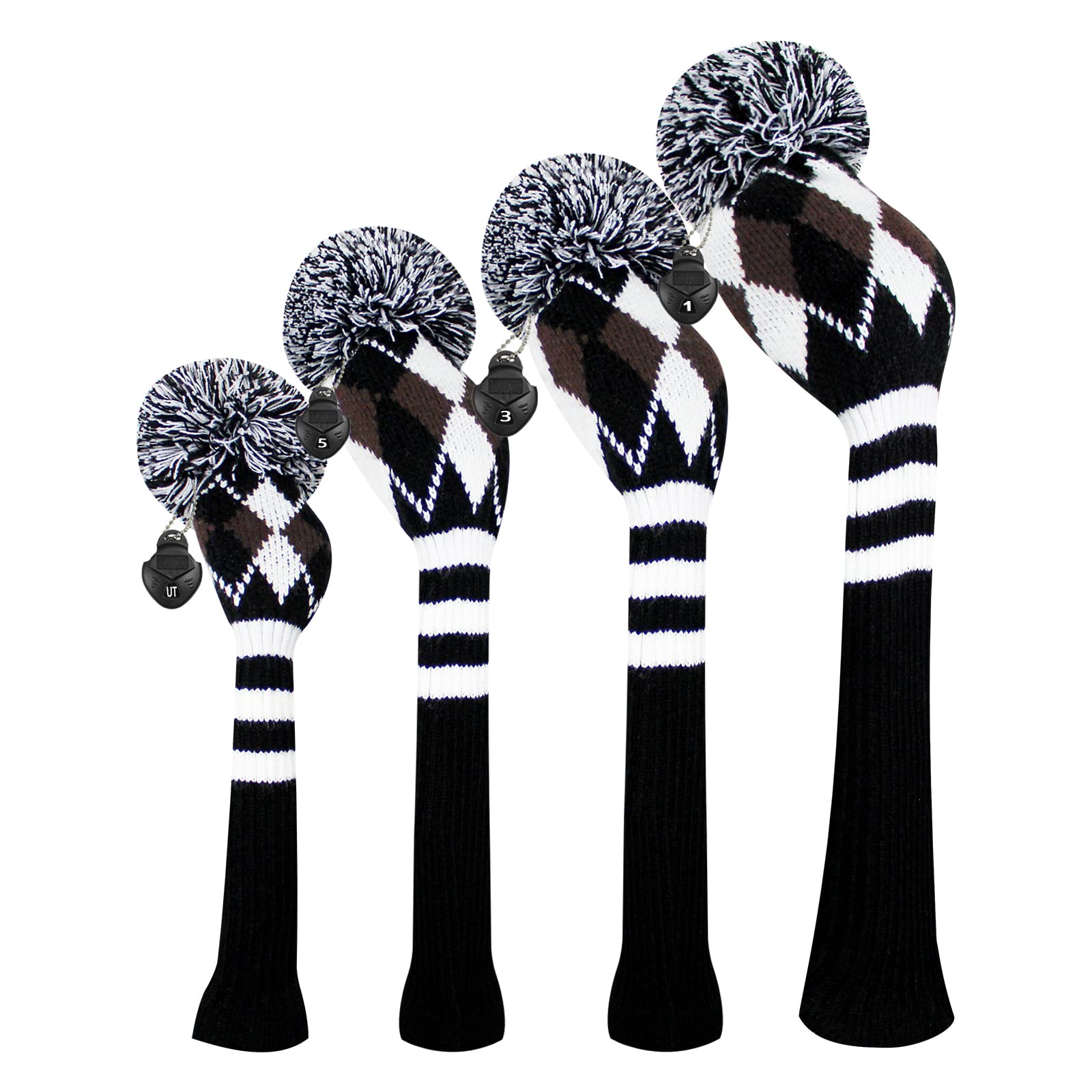 Scott Edward Knitted Golf Head Covers 4PCS Handmade Fit Well for Driver and Fairway Woods with Long Neck Pom Pom Golf Club Headcovers Set