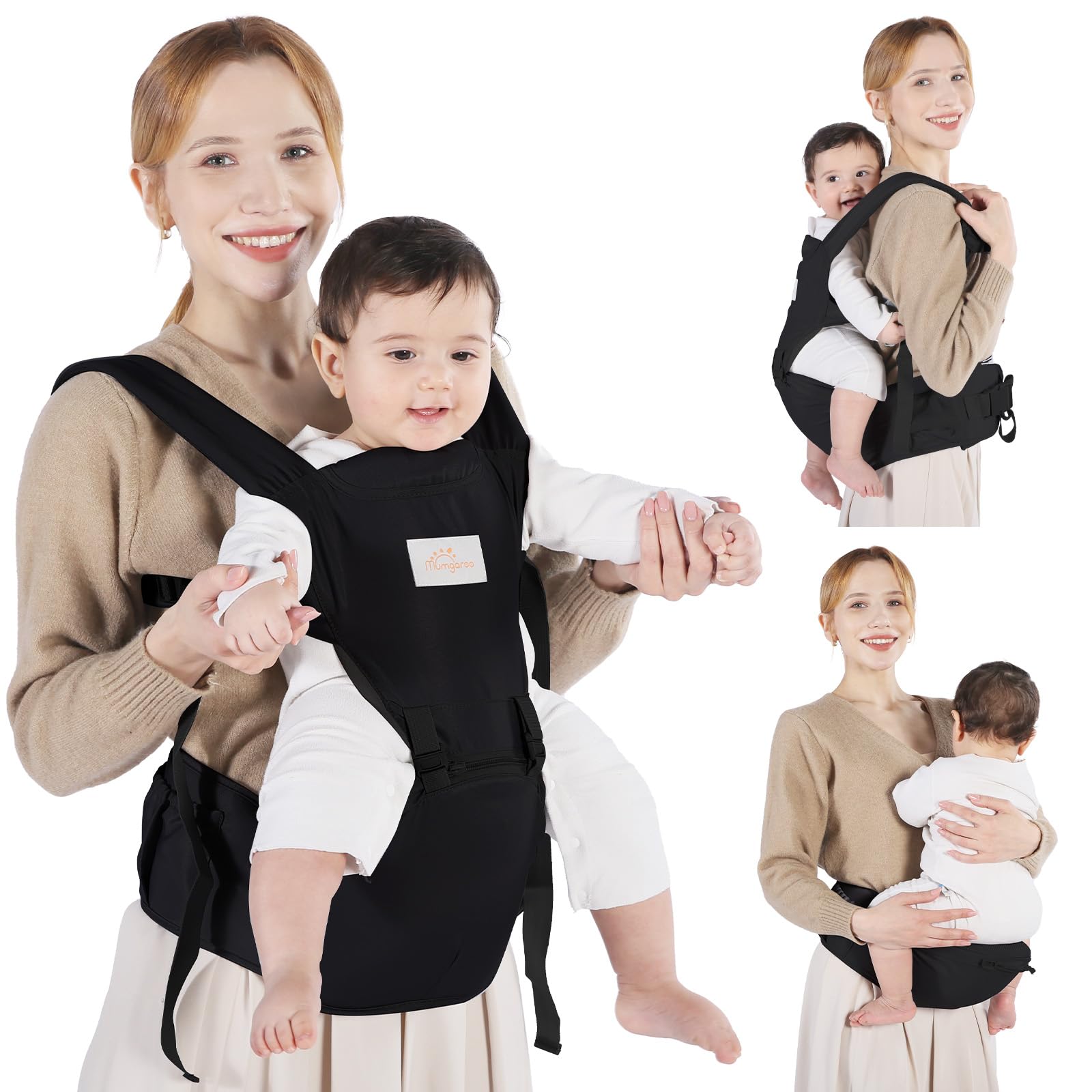 Photo 1 of Mumgaroo Baby Carrier with Hip Seat, 6-in-1 Baby Carrier Newborn to Toddler, Detachable Hands-Free Infant Carrier, One Size Fits All, All Seasons, Black