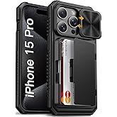 Vihibii for iPhone 15 Pro Case with Card Holder (4 Cards) & Slide Camera Cover & Kickstand, Shockproof Rugged Hard Back & TPU Soft Edge Wallet Phone Case for iPhone 15 Pro 5G 6.1" 2023, Black
