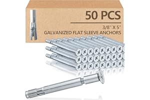 Tandefio 50 Pcs 3/8" x 5" Flat Sleeve Anchors for Concrete Zinc Plated Expansion Anchors Flush Mount Bolt for Masonry, Brick, Concrete Heavy Duty Bolts Secure Fastening