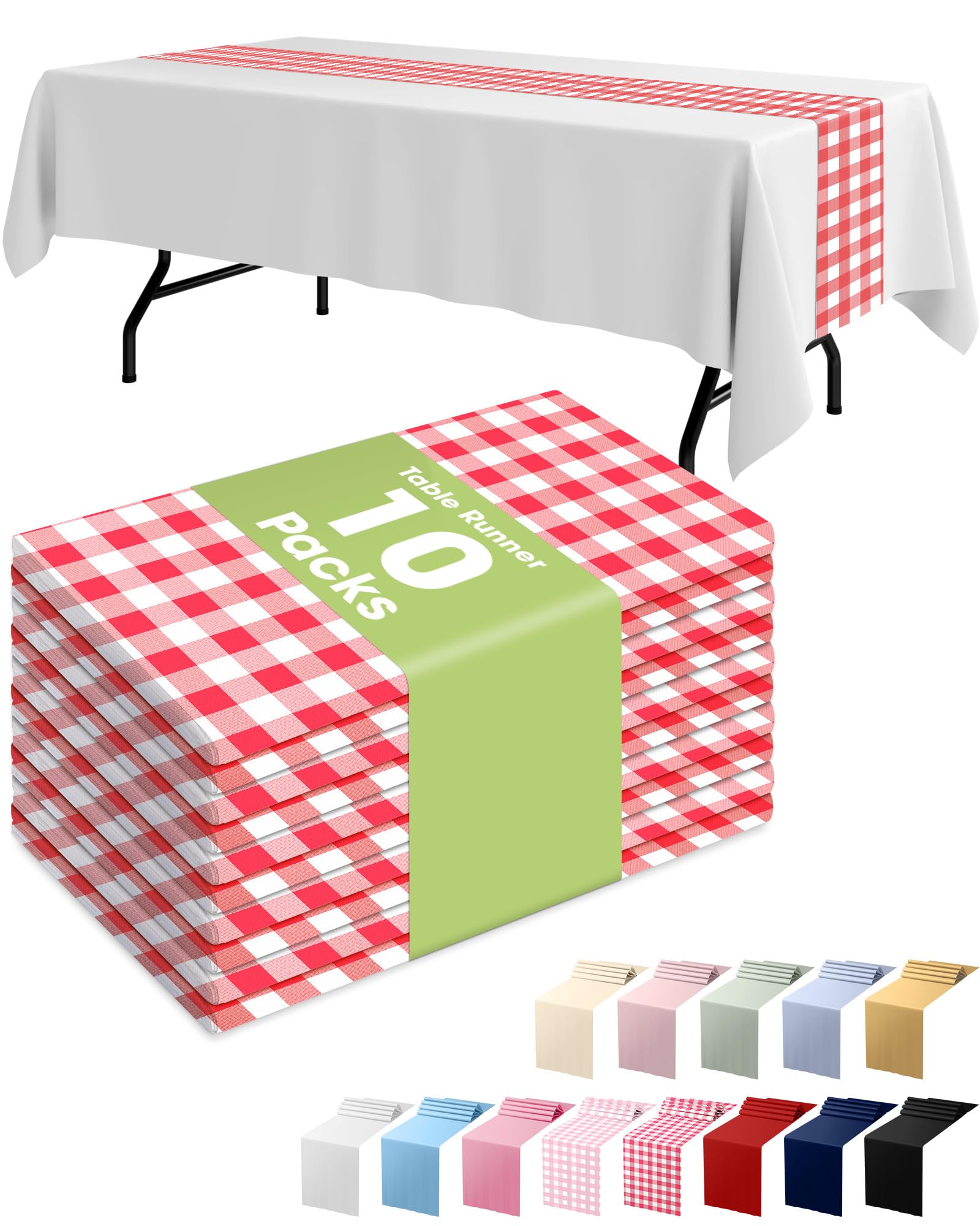 Photo 1 of Pureegg Gingham Plastic Table Runners - 10 Pack, 14'' x 108'', Water Resistant & Disposable Plaid Centerpiece Decorations for Table Cloth, Birthday, Holiday, Party, Red and White Checkered Home Decor