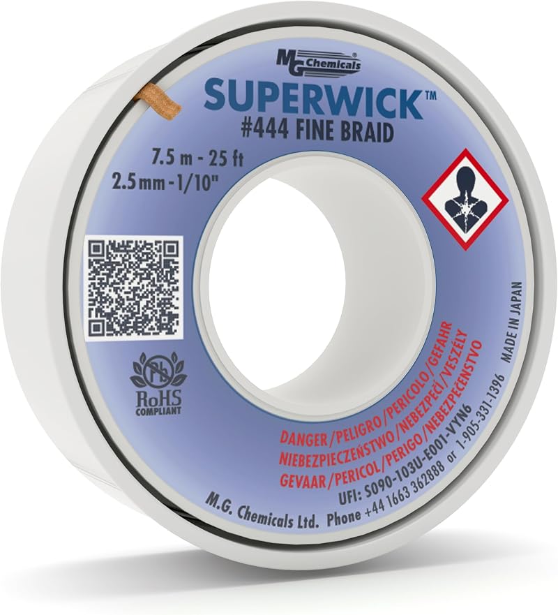 MG Chemicals Super Wick Desoldering Braid #4 Fine 25' x 0.1" Blue RMA Flux