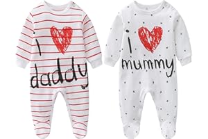 aomomo 2-Pack Baby Clothes Newborn Bodysuits I Love Daddy &Mummy Romper, Cotton Footed Pajamas for Baby Boys and Girls
