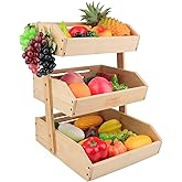 Happi Hoomin 3-Tier Bamboo Fruit Basket for Kitchen Counter – Large Produce Basket Organizer, Wooden Fruit Stand with Deep Ventilated Baskets for Fruits, Vegetables & Snacks