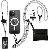 Newlibery Phone Lanyard Crossbody Wrist Strap, Clip and Go Strap for Phone with Wallet, Adjustable Anti-Theft Cell Phone Strap for All Phones (Black-White Lanyard + Black Wallet)