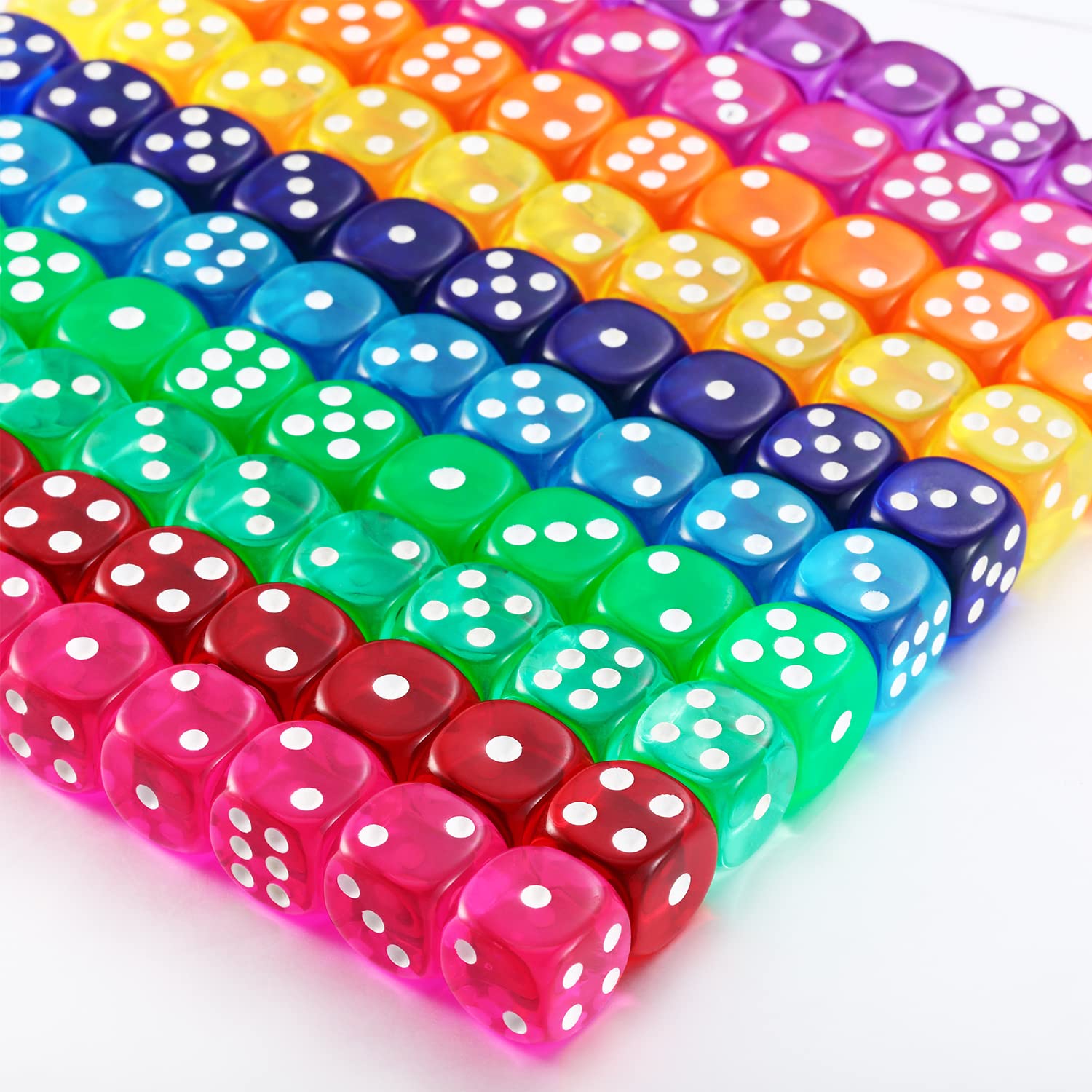 Blulu 100 PCS 6 Sided Games Dice Set, Colored Dice with Black Velvet Pouches for Playing Games, Like Board Games, Dice Games, Math Games, Party Favors and More(Rainbow Color, 14 mm)