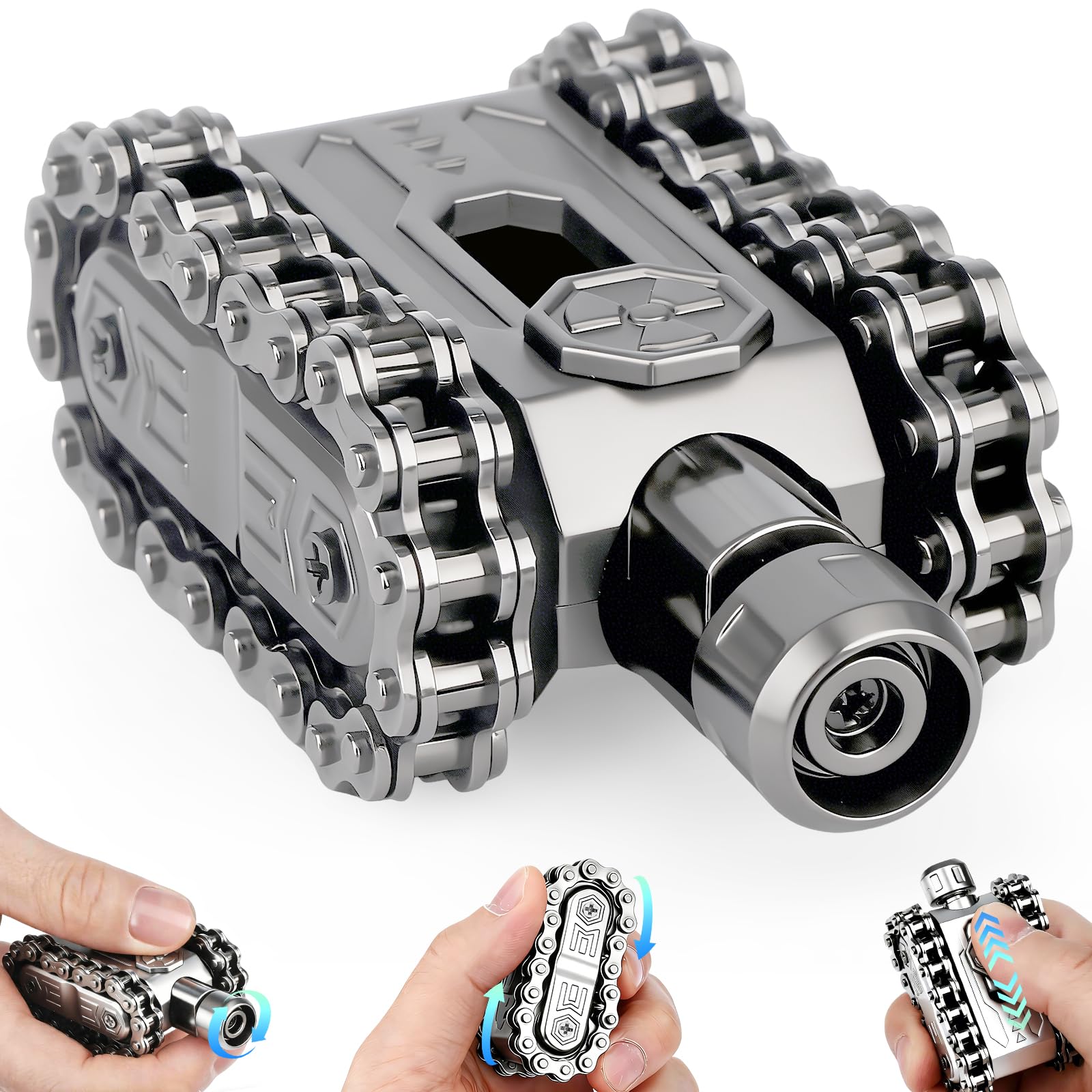 Tank Chain Fidget Hand Roller Finger Slider Spinner, Metal Stress Relief Focus Tool for Men Office Home Travel, Silvery