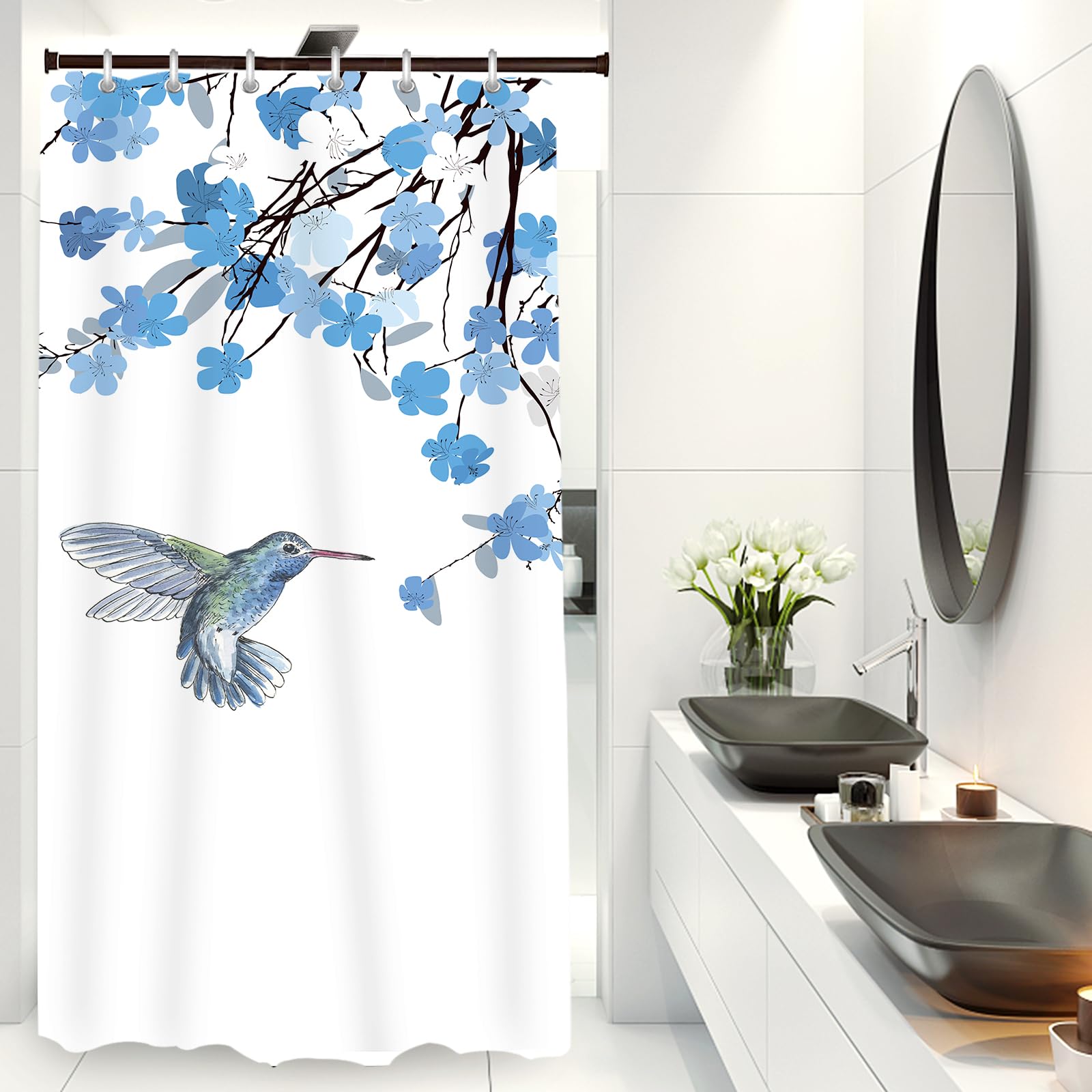 LIVETTY Blue Shower Curtain Bird Floral Shower Curtains 90x180cm Plant Bathroom Decoration Blue Shower Curtain Fabric Bath curtain With 12 Hooks Washable Quick-Drying Curtains — image 1