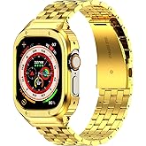 HASLFM Stainless Steel Band with Case Compatible with Apple Watch Ultra 3 2 1(49mm), Metal Protective Bumper Cover for iWatch Bands Men,Gold