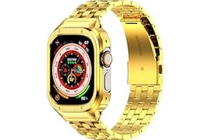 AMZNEW HASLFM Stainless Steel Band with Case Compatible with Apple Watch Ultra 2 1 49mm, Metal Protective Bumper Cover for iWatch Bands Men (Gold)